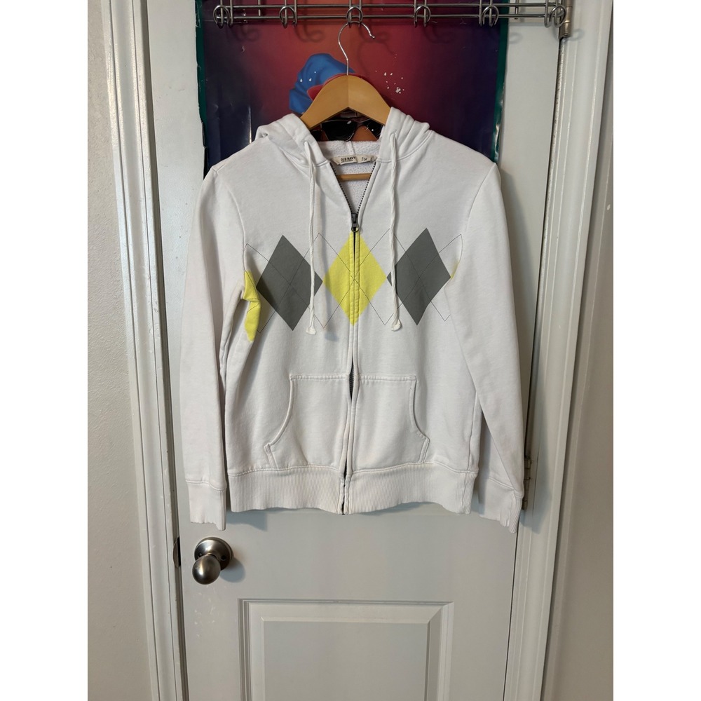 Old Navy Womens White Argyle Full Zip Hoodie y2k Sweatshirt Grey Yellow Size M